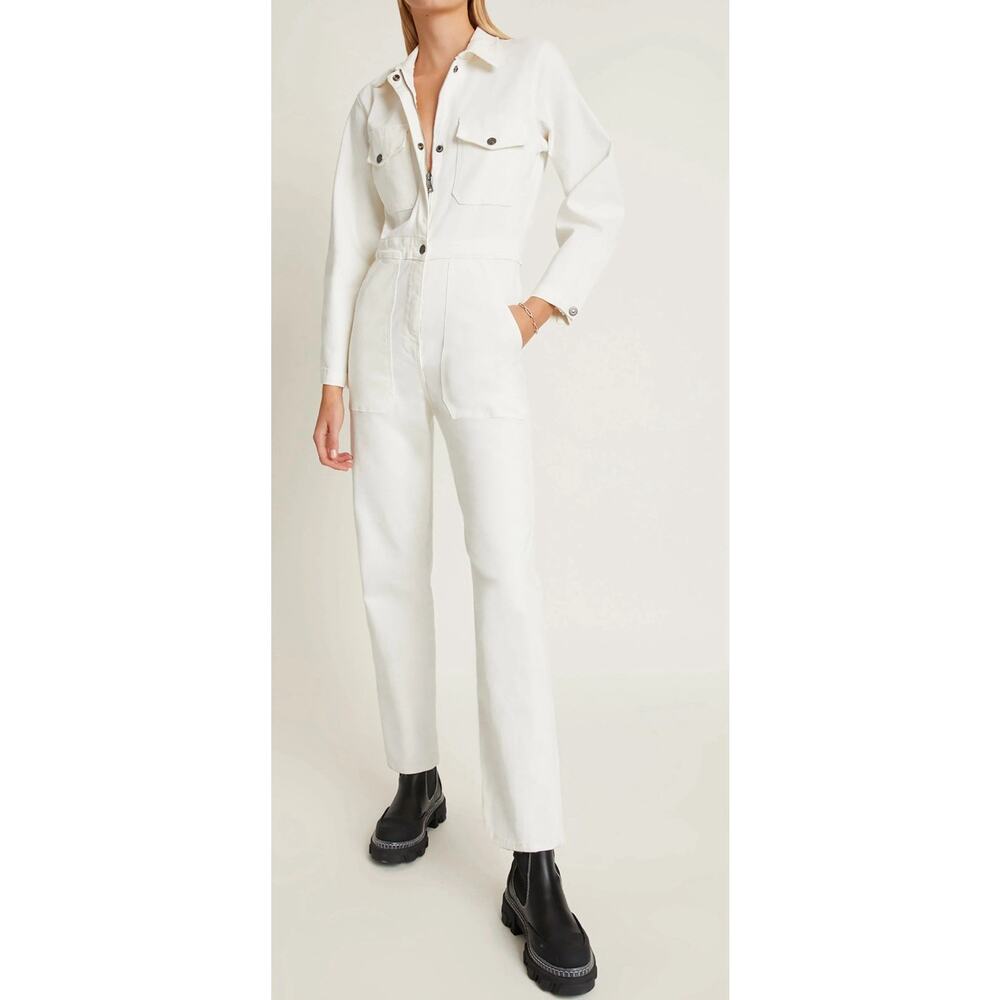 RIVET UTILITY Powerhouse White Stretch Denim Long Sleeve Jumpsuit Sz M $425